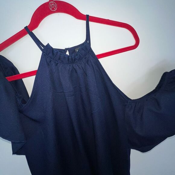 SHEIN Navy Cold Shoulder Button Neck Blouse - Picture 4 of 7